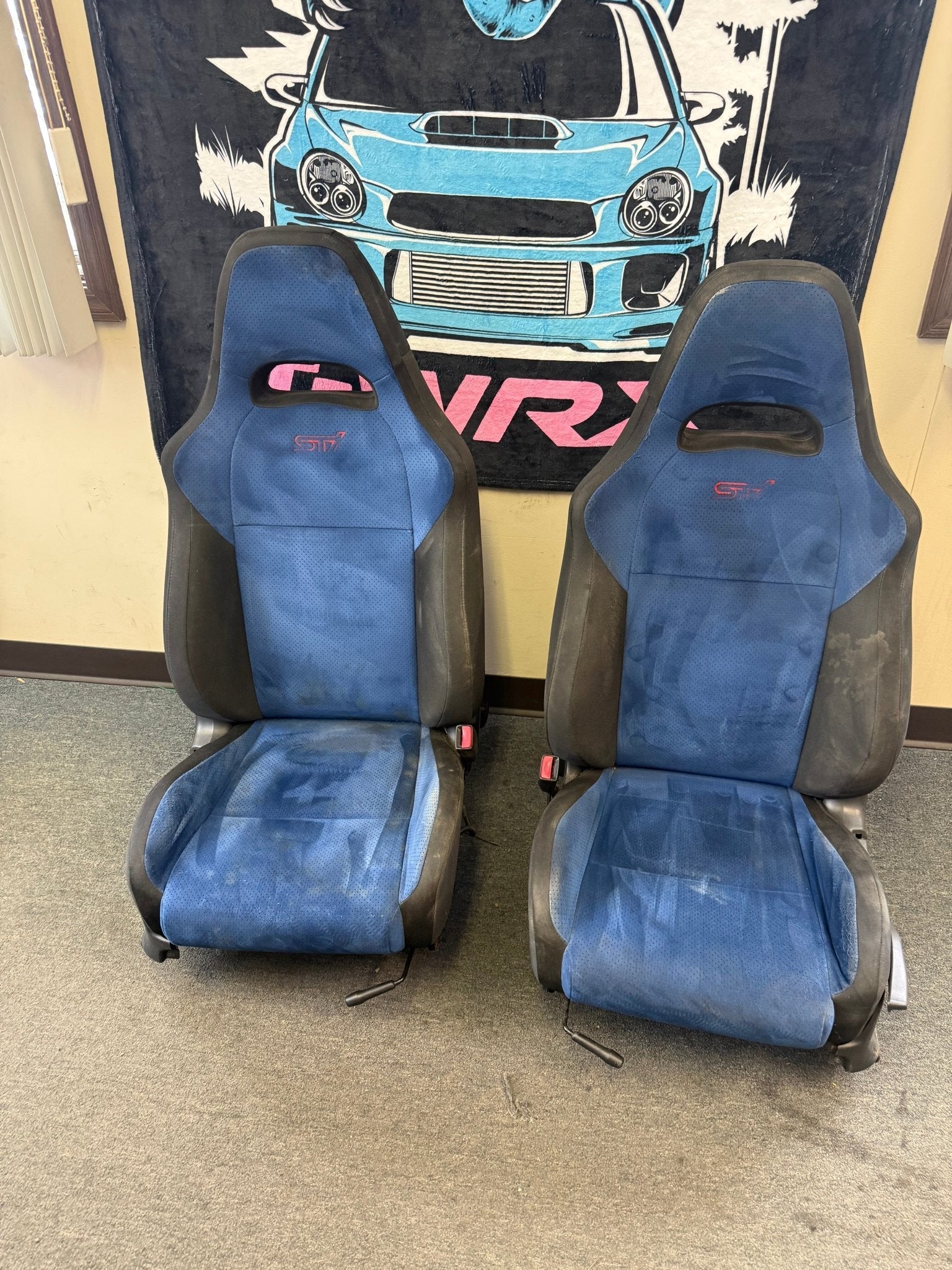 SUBARU STi Front Rear Seat Set WRX Swap OEM Alcantara 2002-2007 Pink Logo - Image 4