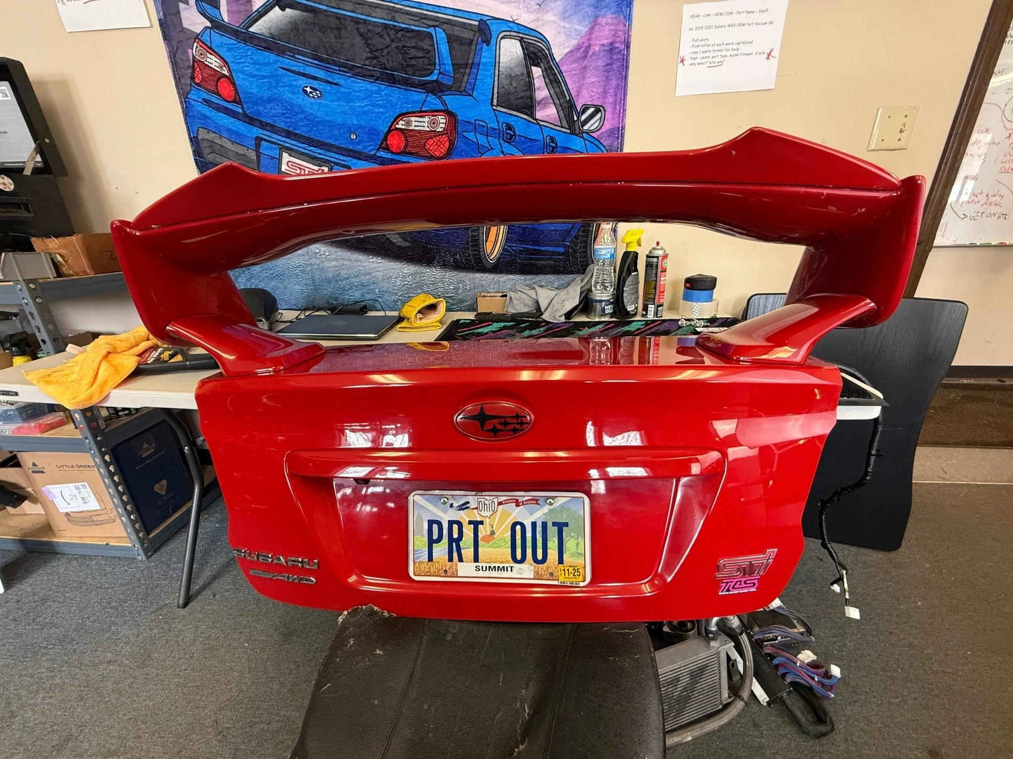LIGHTNING RED 2015 Subaru STi oem trunk & wing w/ gurney flap c7p back up camera - Image 10