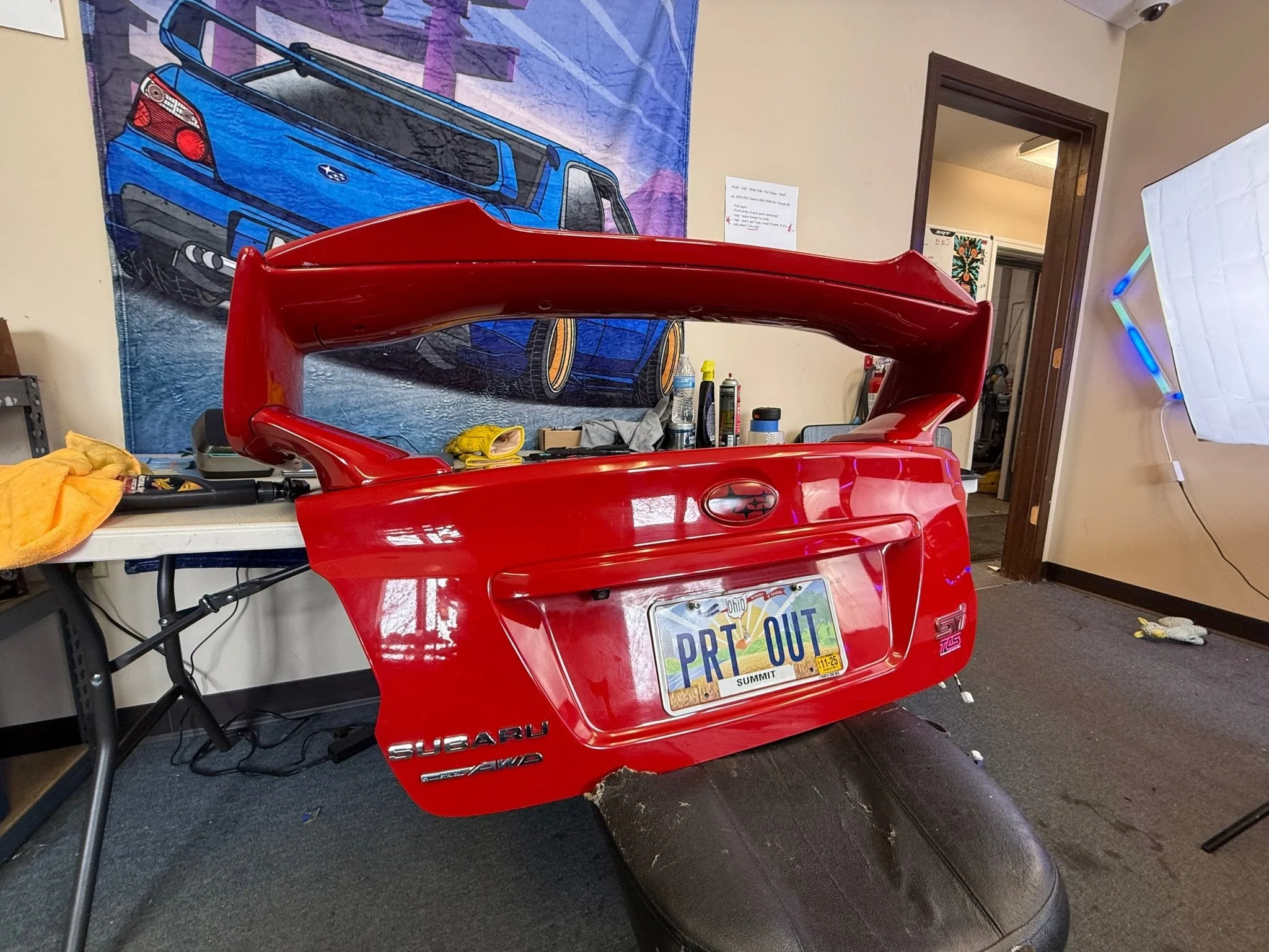LIGHTNING RED 2015 Subaru STi oem trunk & wing w/ gurney flap c7p back up camera - Image 7